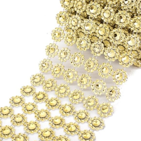 1 Yard Flower Diamond Mesh Faux Rhinestone Gold Ribbon Wrap - Picture 1 of 1